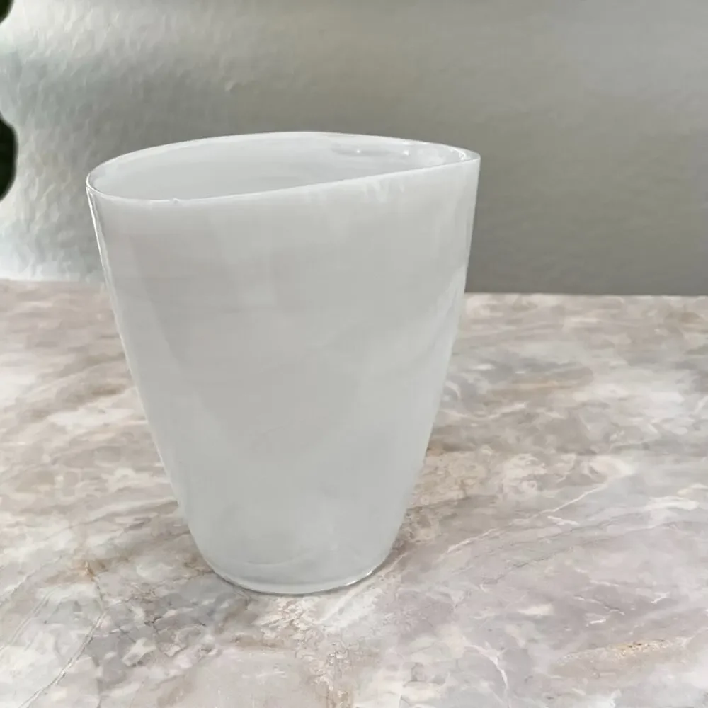 White Opulent Swirls Glass Art Oval Round Vase 7.25